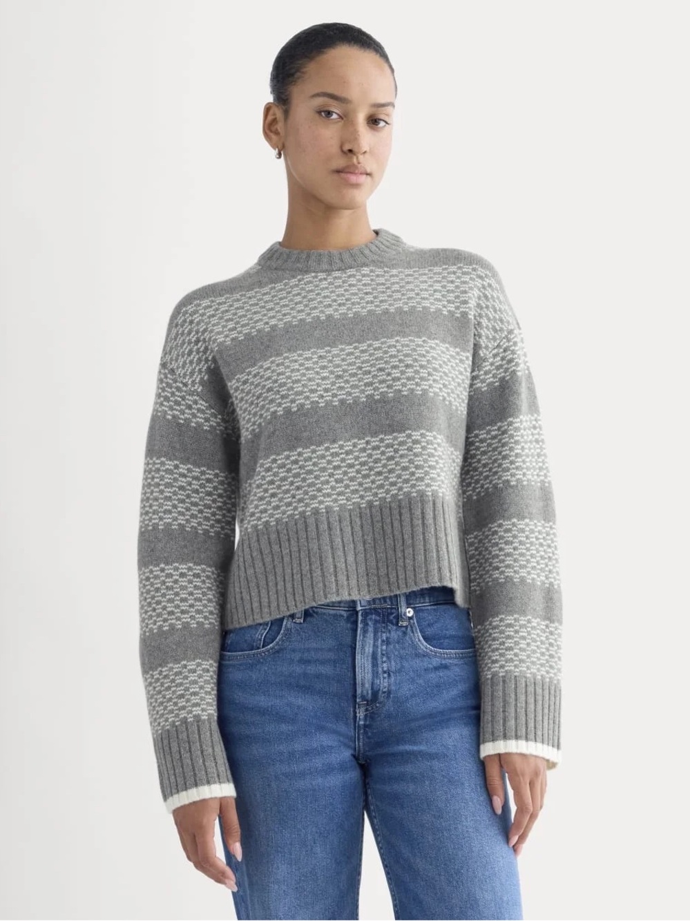 New Everlane NORDIC CROPPED BOXY CREW IN LUXE MERINO HEATHERED MID GREY Size L